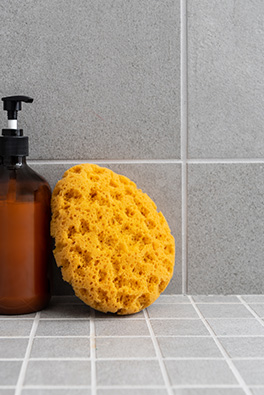 Close-up image of a luxury apartment bathroom tiling and finishes