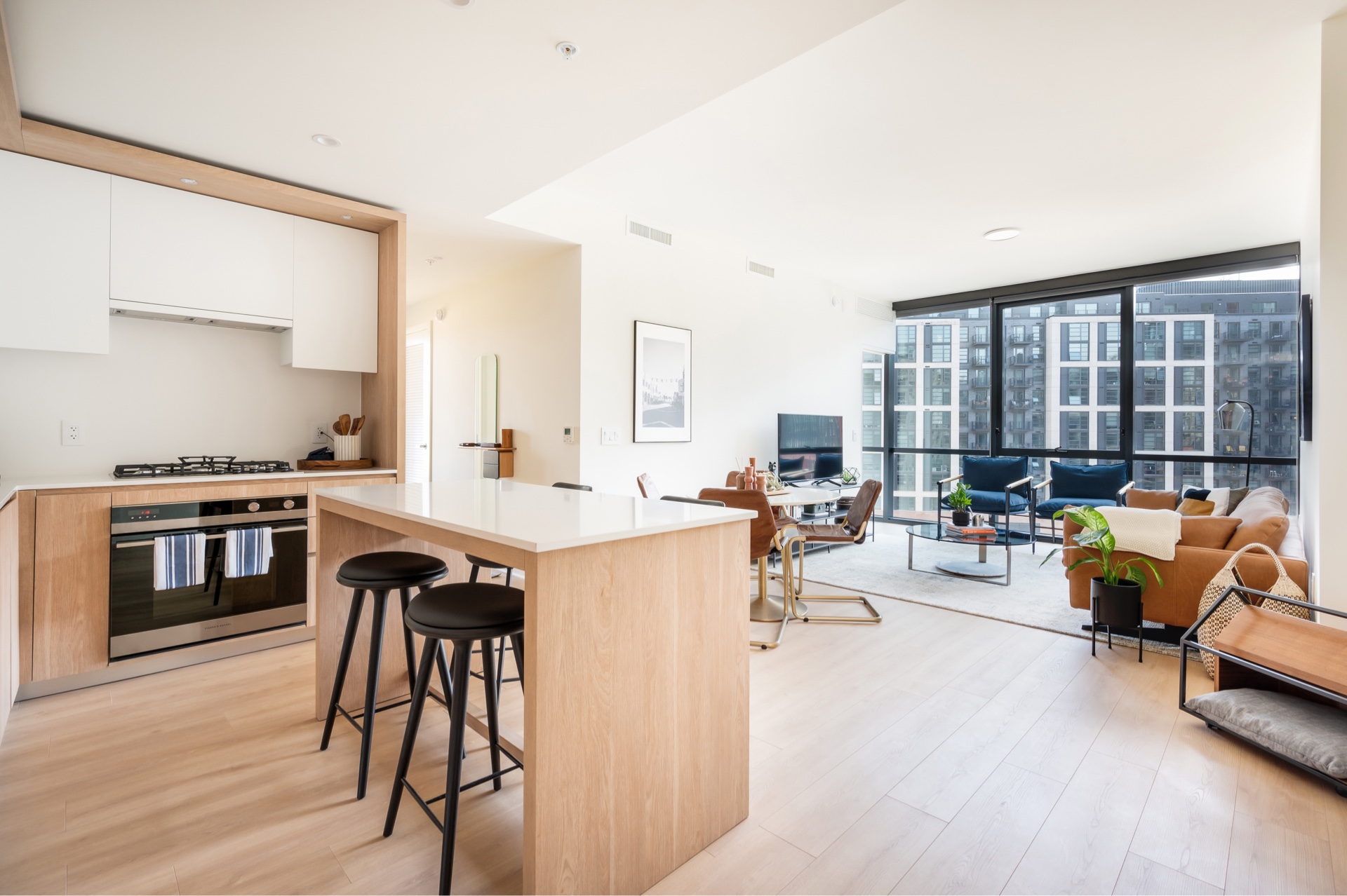 Margarite luxury apartments' kitchen & living room with city view in Washington, DC.